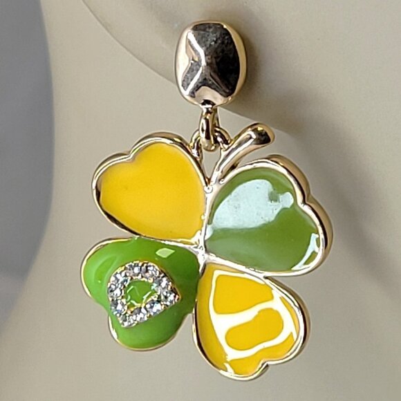 Yellow and Green Enamel Floral Earrings - Picture 1 of 11